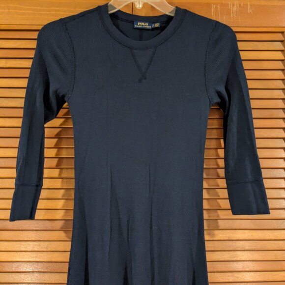 Ralph Lauren Waffle Knit Dress Cotton Midi Fit & Flare Blue Small 3/4 Sleeve - Picture 3 of 8